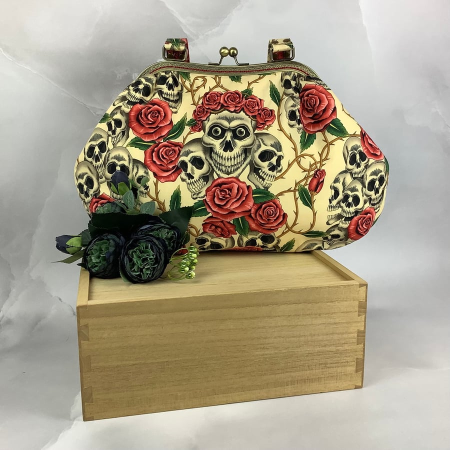 Skulls and roses large frame shoulder bag, Gothic kiss clasp bag, Handmade