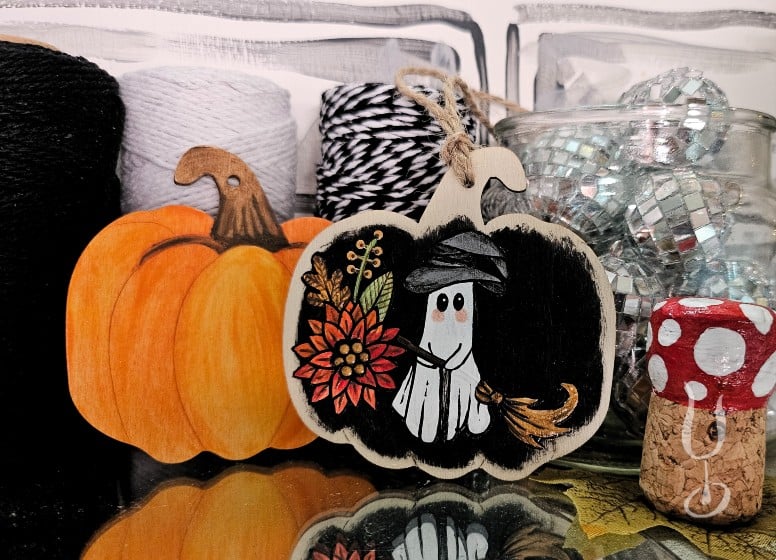 Witchy Autumn Ghost - Handpainted hanging decoration