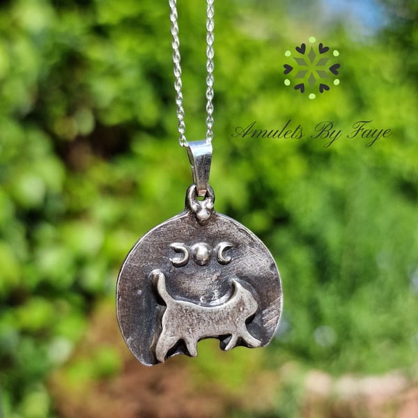 Recycled Sterling Silver Walking cat with Triple Moon Pendant Necklace.