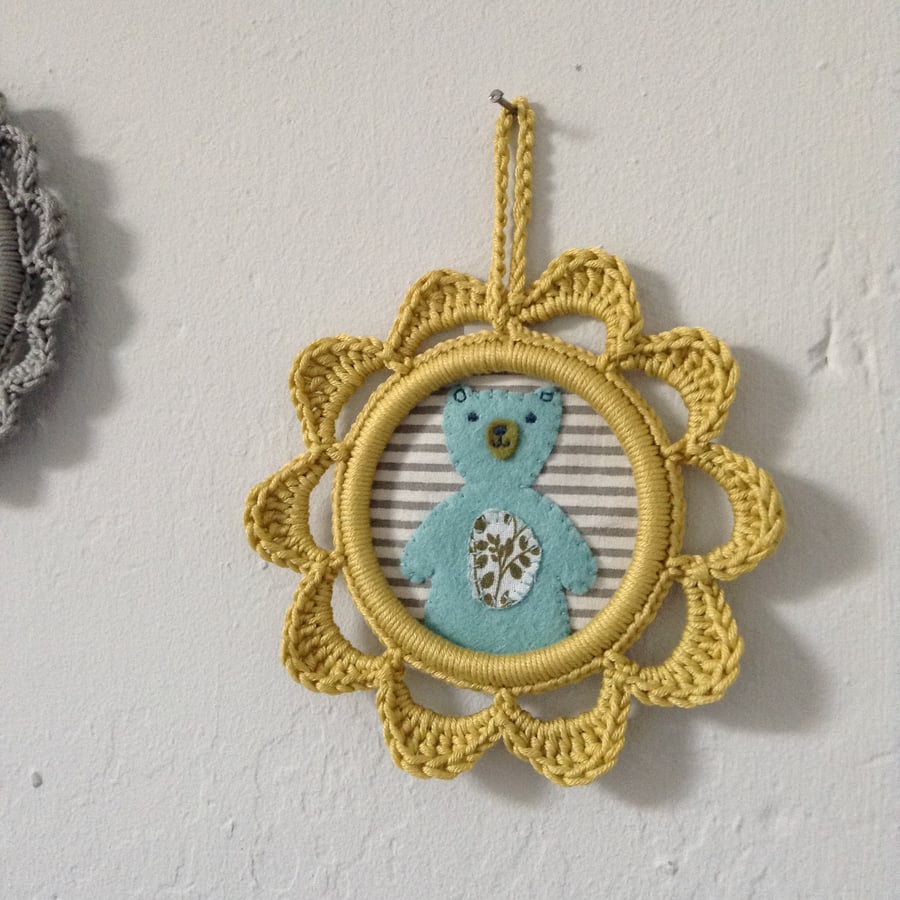 Aqua Teddy Wall Decoration in Yellow Crochet Picture Frame