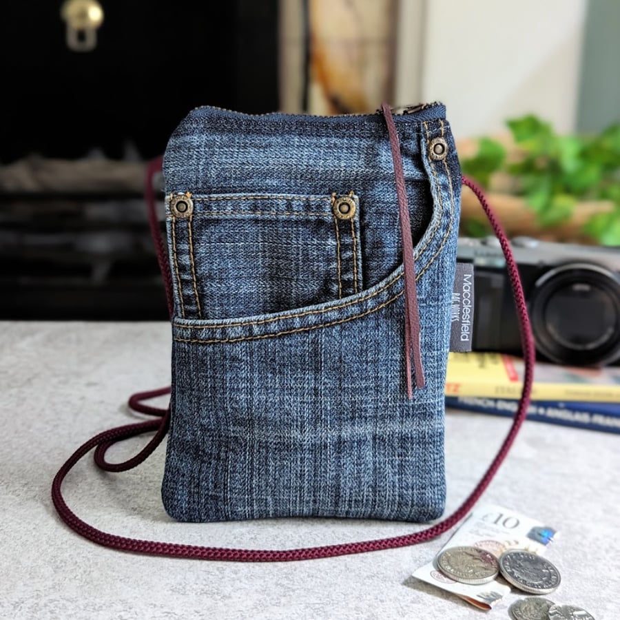 Upcycled Denim Mini Cross Body Phone Bag with Zipped Pocket