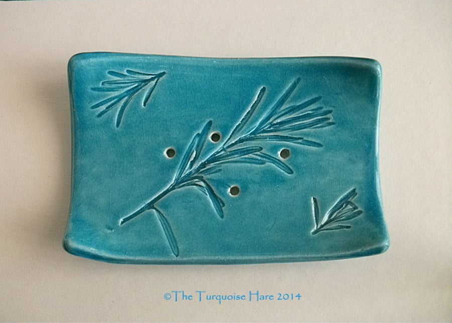 Ceramic turquoise soap dish imprinted with rosemary