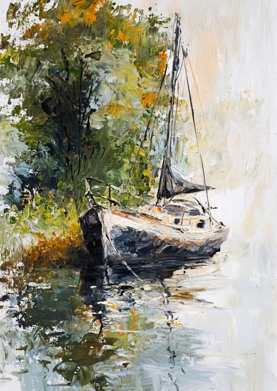 Sailboat Painting, Tranquil Reflection of a Docked Boat 5"x7" Matte Print