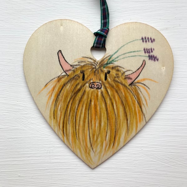 Highland Cow with Heather in her Horns, Hanging Decoration, Bag Tag, Gift Tag