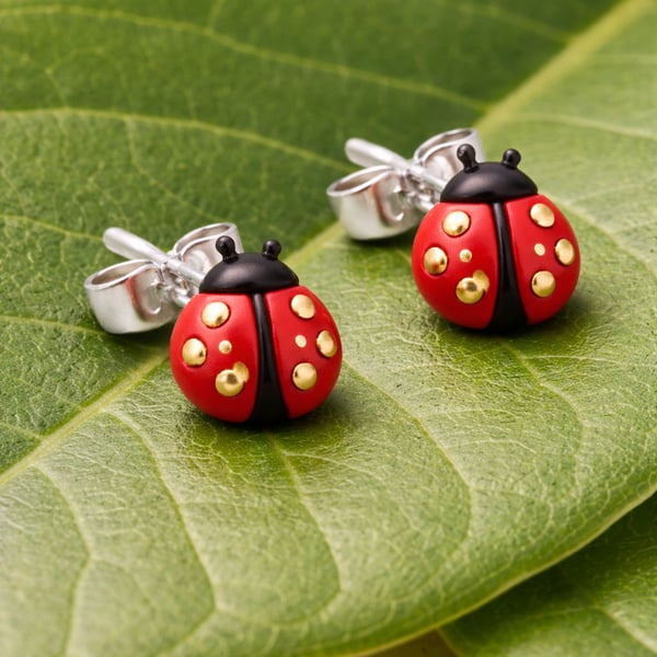 Ladybird Earrings – Handmade Clay Red & Gold Sterling Silver Studs