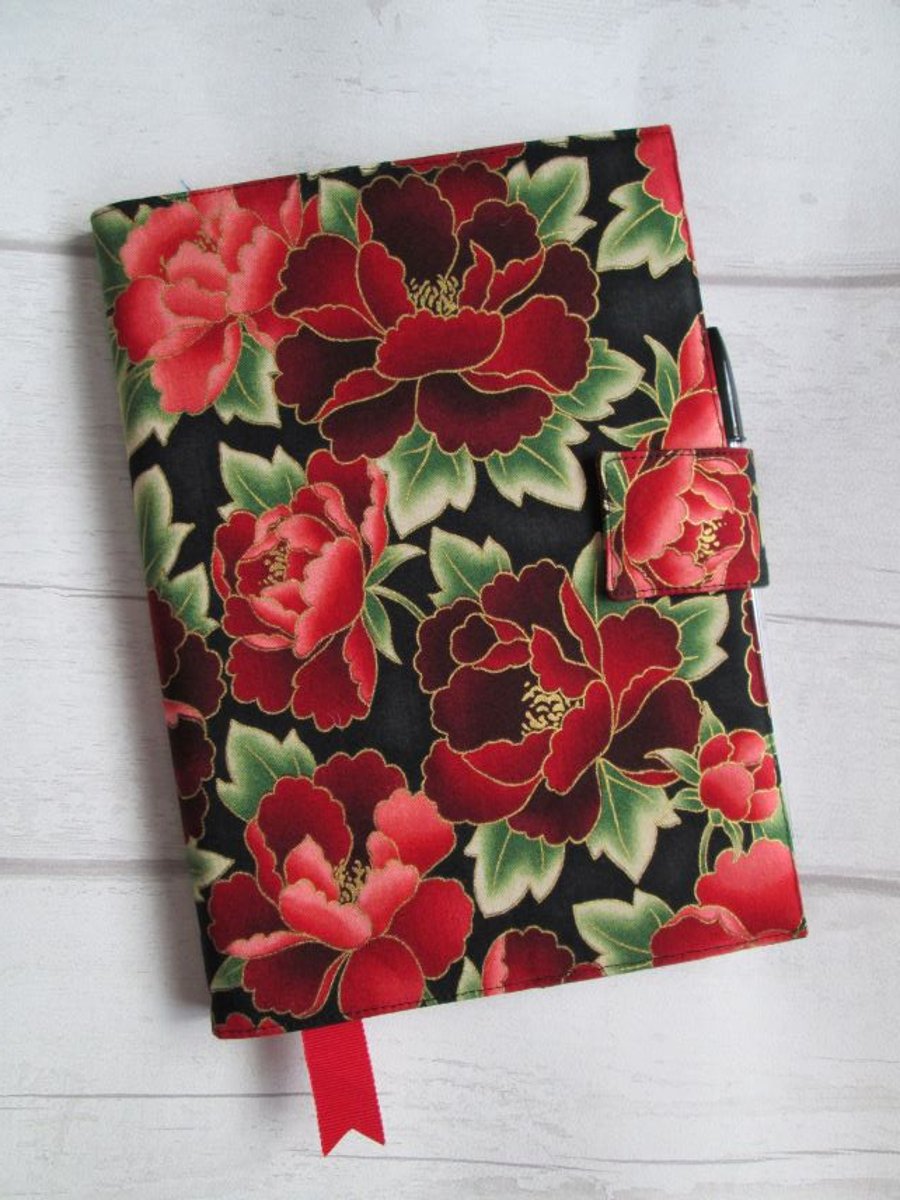 SOLD - A5 Reusable Notebook Cover - Red Paeonies on Black