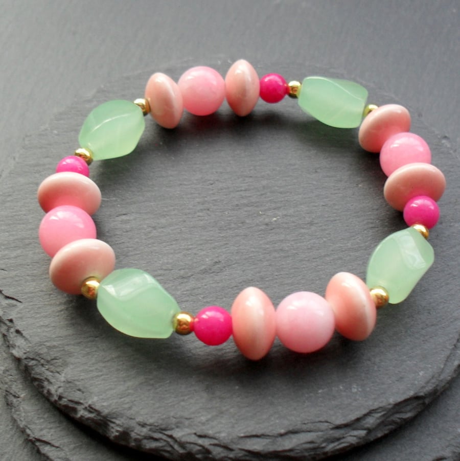 Colourful Quartz and Ceramic Stretch Bracelet With Ceramic Beads