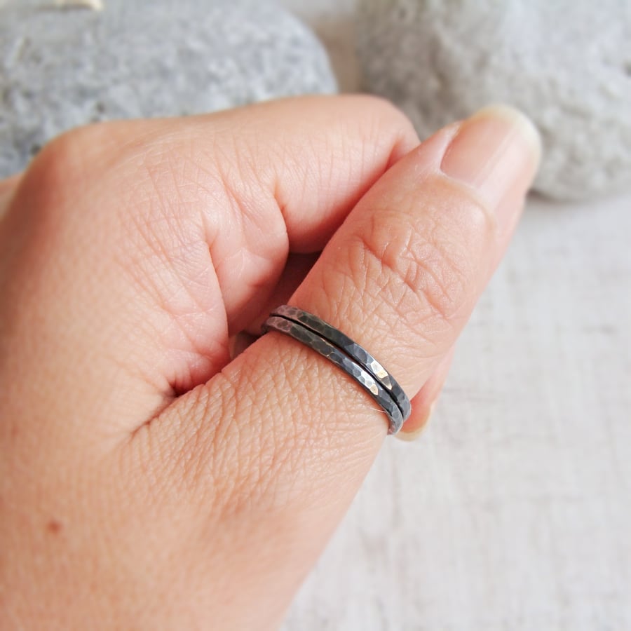 Set of 2 Oxidised Sterling Silver Hammered Skinny Stacking Ring Bands