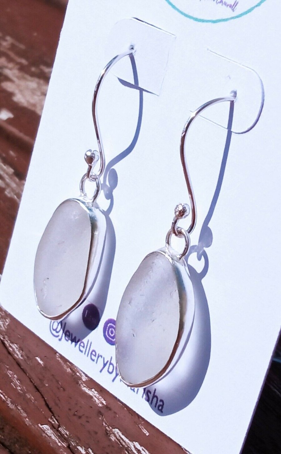 White Cornish Seaglass Dangly Earrings in Fine Silver 999 & Sterling Silver 925