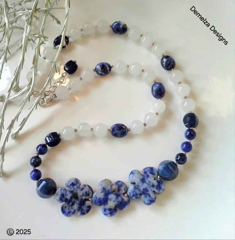 Designer Sodalite, Blue Jade, Jasper & Agate Sterling Silver Necklace