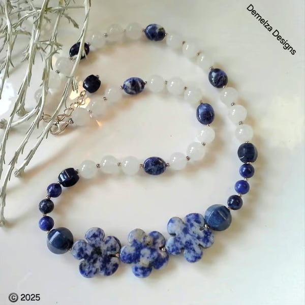 Designer Sodalite, Blue Jade, Jasper & Agate Sterling Silver Necklace