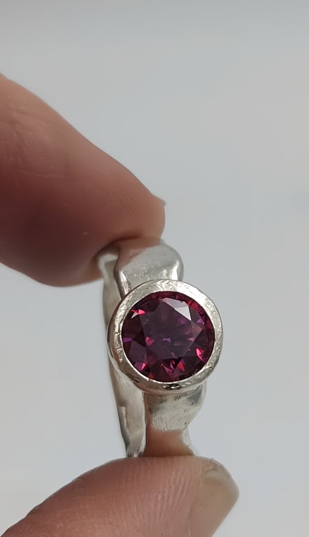 Forged Silver Ring with Pink Faceted Cubic Zirconia - Size P