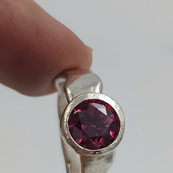 Forged Silver Ring with Pink Faceted Cubic Zirconia - Size P