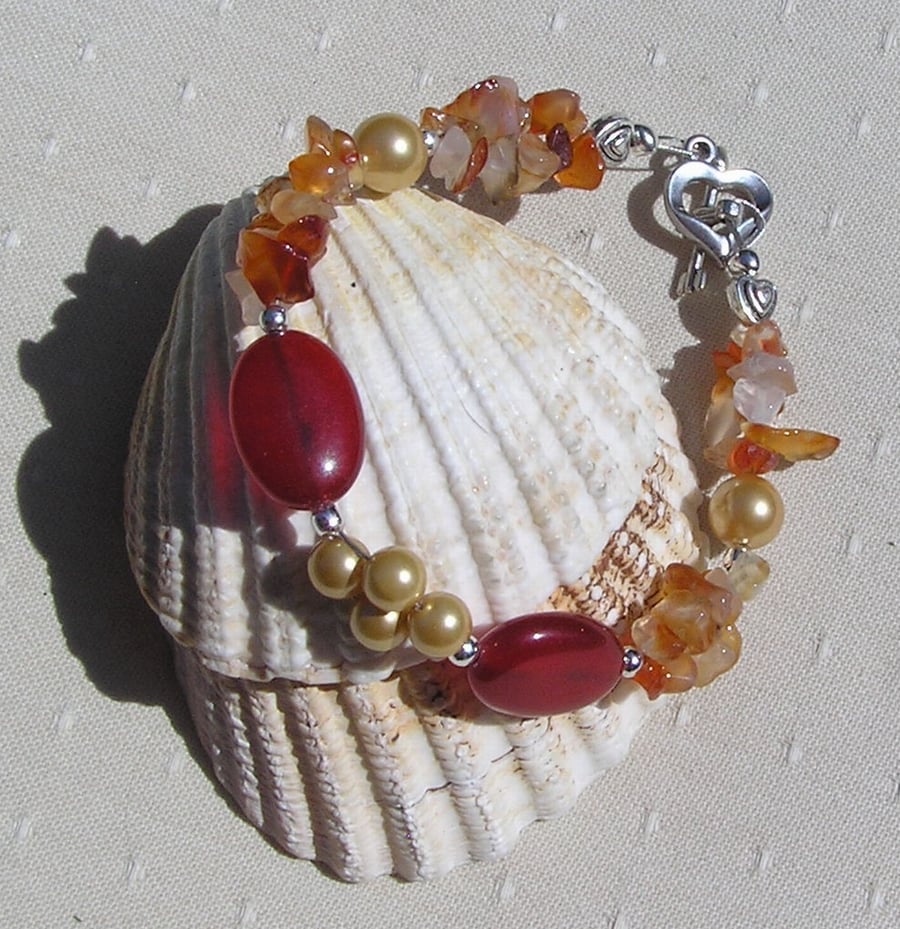 Orange Carnelian & Golden Shell Pearl Gemstone Beaded Bracelet "Chana""
