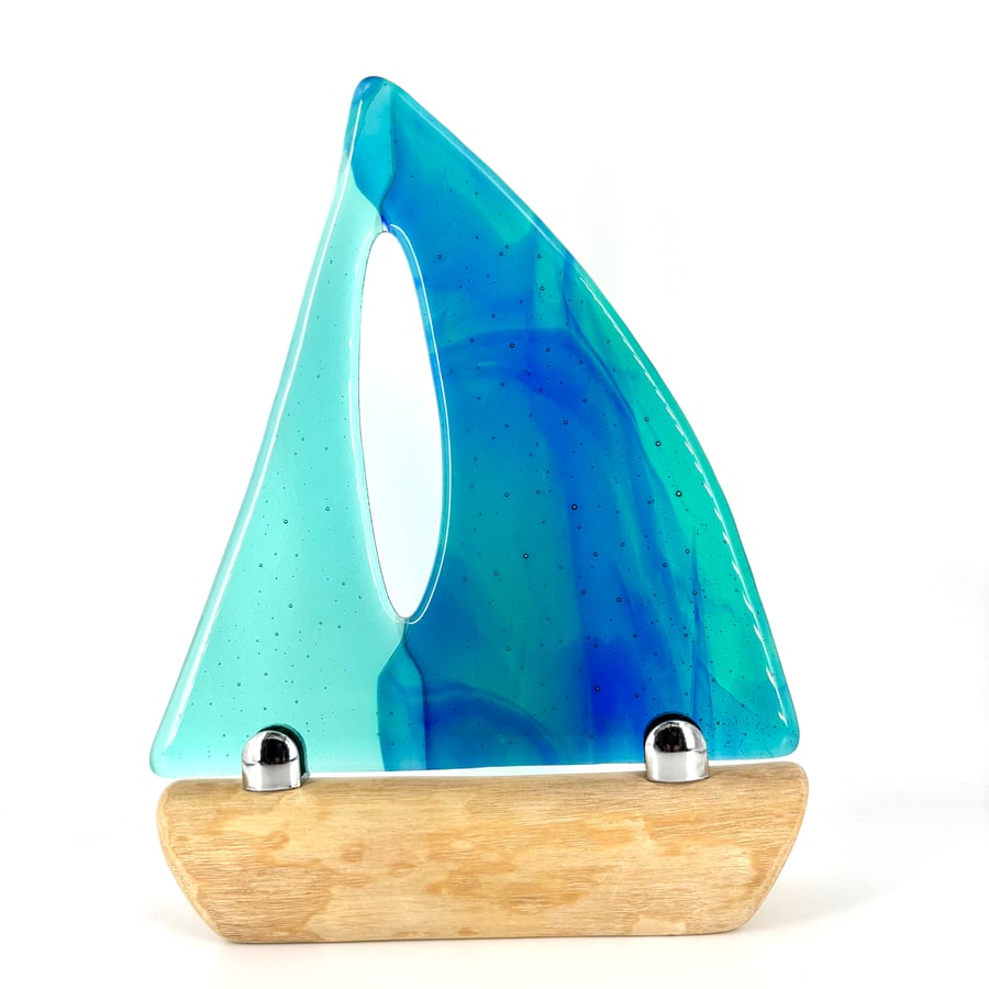 Fused Glass & Drift Wood Sailing Boat 