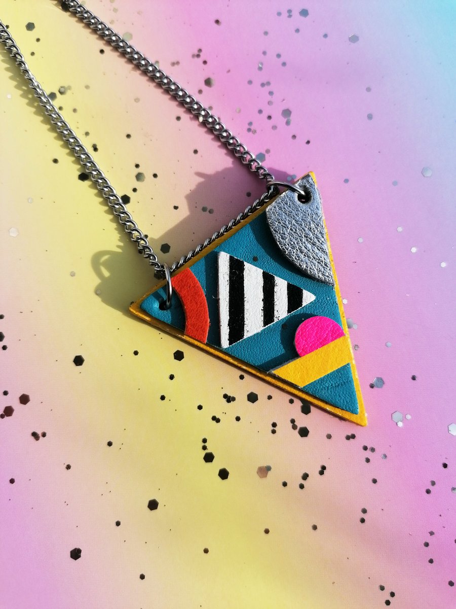 Triangle Statement Necklace - Unique Memphis Style Pendant - Repurposed Leather