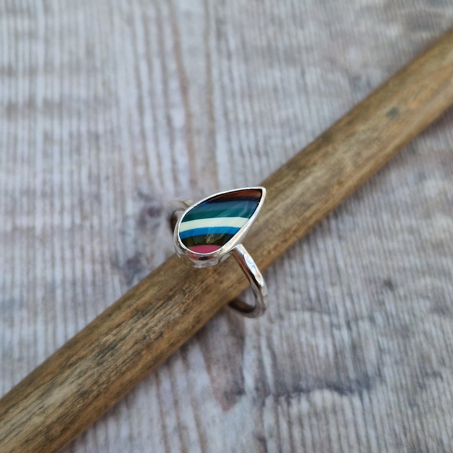 Surfite Teardrop Ring with Hammered Ring Band -UK Size Q