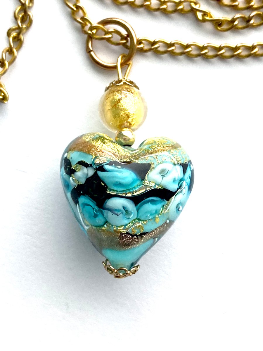 Green and gold Murano glass heart pendant with Folksy