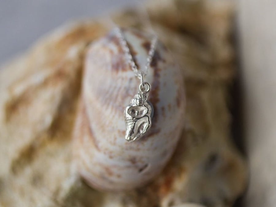 Silver Dinky Shell Necklace, Fine Silver Whelk Shell Pendant 