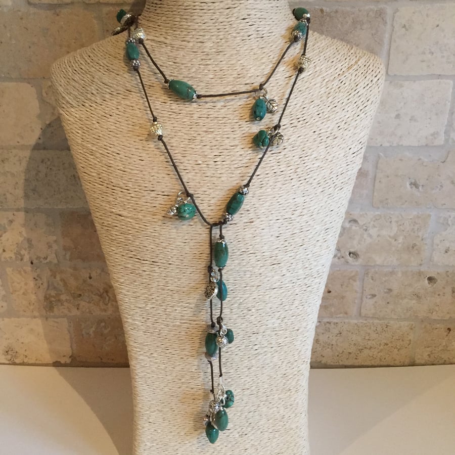 Green and Silver Lariat, Dark Turquiose beaded Necklace