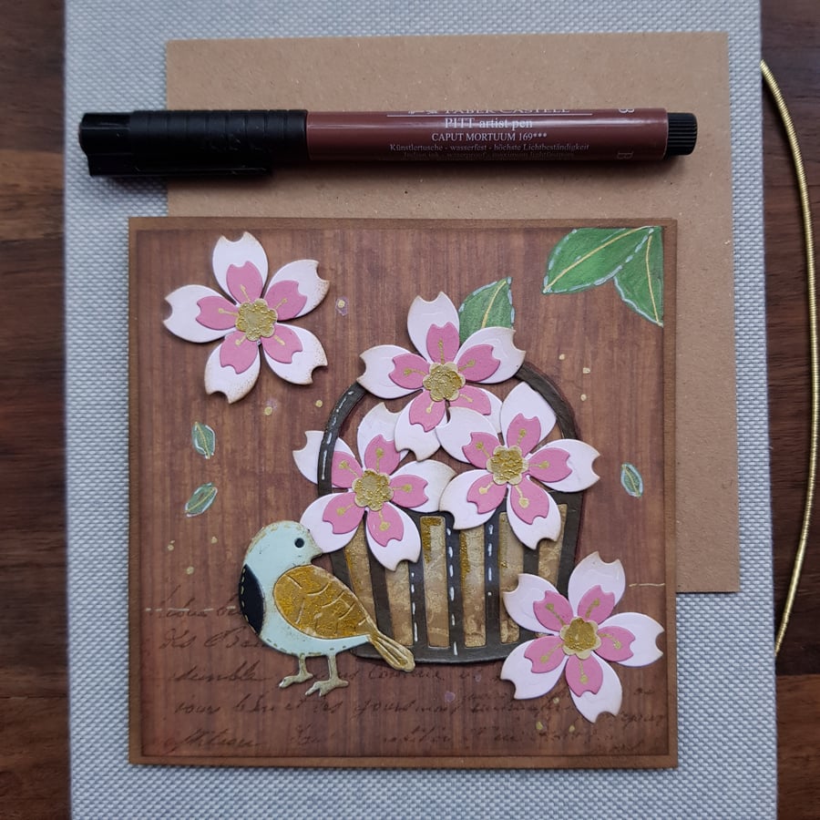 A second basket of pink blossom and songbird handmade card, keepsake 