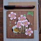 A second basket of pink blossom and songbird handmade card, keepsake 