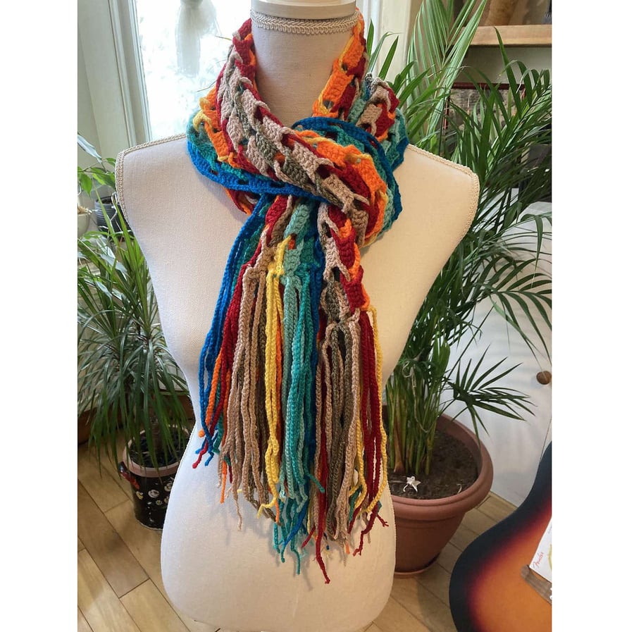 Colorful Rainbow Gradient Crochet Scarf - Hand Knit Long Shawl - Boho Wrap