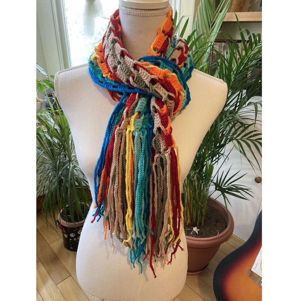 Colorful Rainbow Gradient Crochet Scarf - Hand Knit Long Shawl - Boho Wrap