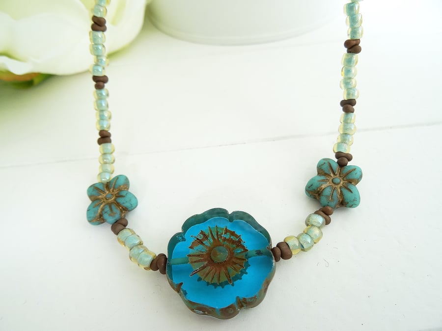 Czech Glass Necklace, Pansy and Daisy Necklace, Ladies Necklace, Flower Necklace