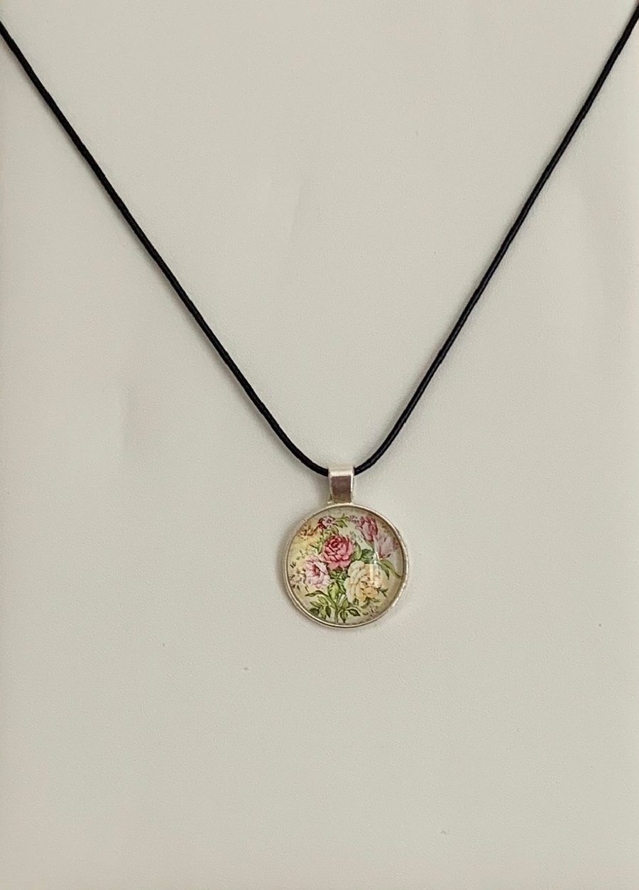 Shabby Chic Floral Glass Pendant Necklace. Design 10