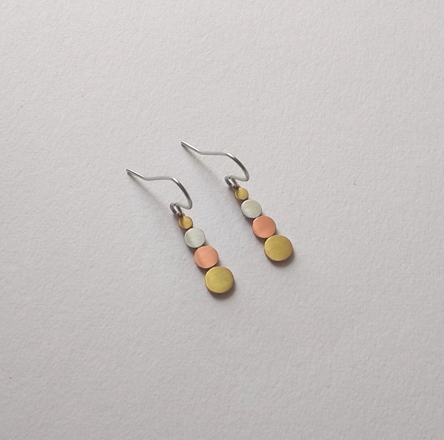 Pebbles Straight Line Earrings, Copper, Brass & Silver