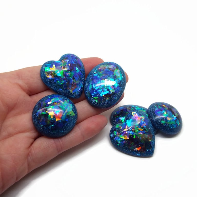 6 Vibrant Blue Large Cabochons with Metallic Film Inclusions