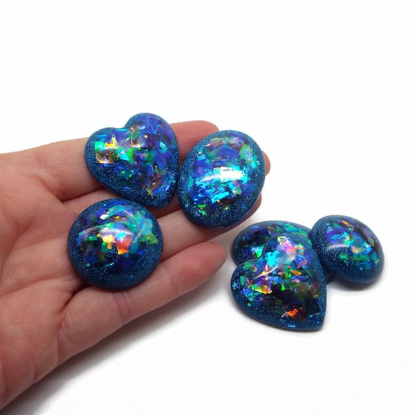 6 Vibrant Blue Large Cabochons with Metallic Film Inclusions
