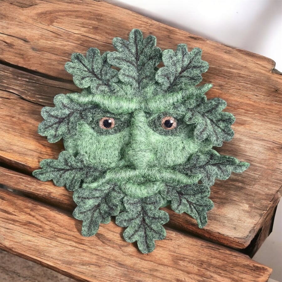 Green man woollen sculpture with oak leaves, wall hanging, needle felted 