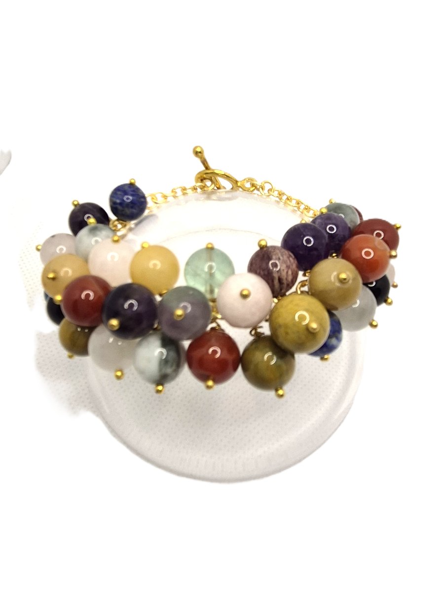 Multi coloured and multi gemstone bubble bracelet on gold coloured chain