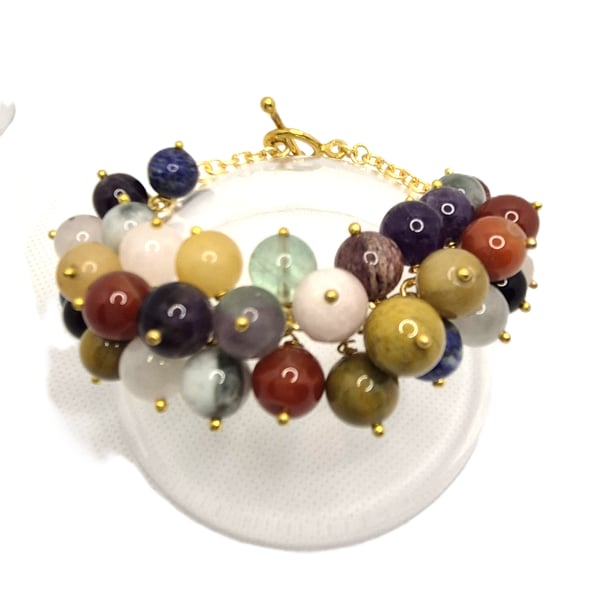 Multi coloured and multi gemstone bubble bracelet on gold coloured chain