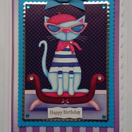 Cat Birthday Card French Cute Cat Sunglasses Handkerchief Beret 3D Luxury