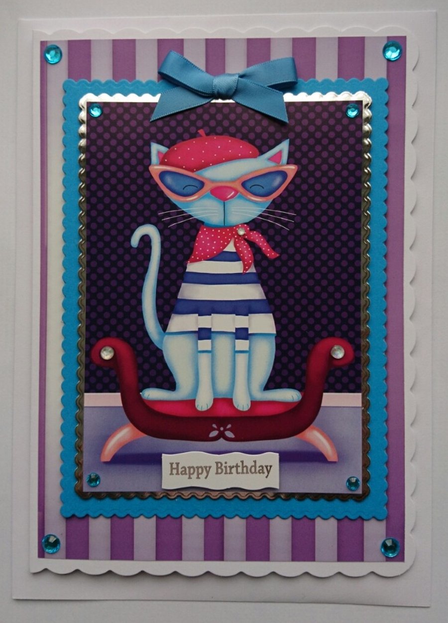 Cat Birthday Card French Cute Cat Sunglasses Handkerchief Beret 3D Luxury