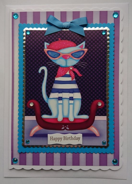 Cat Birthday Card French Cute Cat Sunglasses Handkerchief Beret 3D Luxury