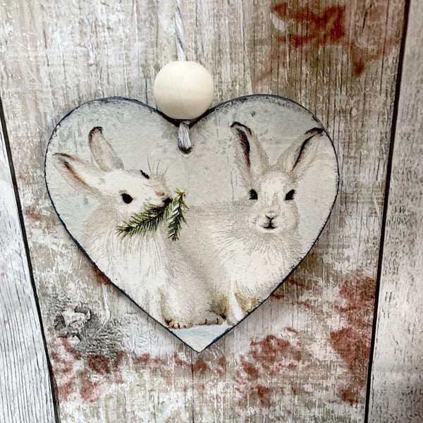 Vintage White Hare Hanging Heart Decoration Christmas Ornaments Festive Gift