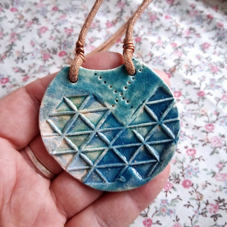 ceramic necklace pendant handmade- turquoise circle