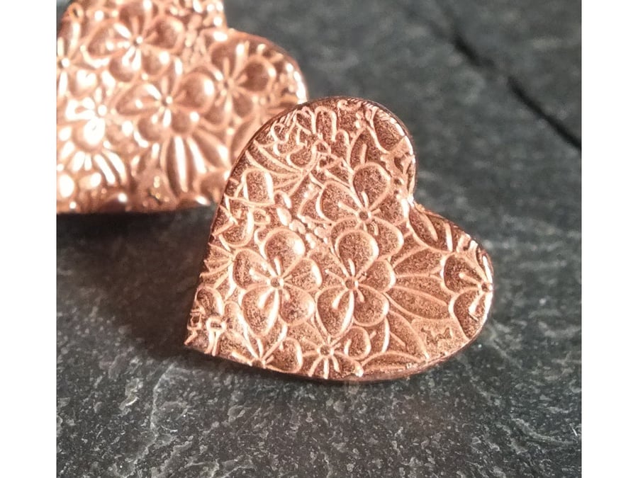 Copper heart floral earrings