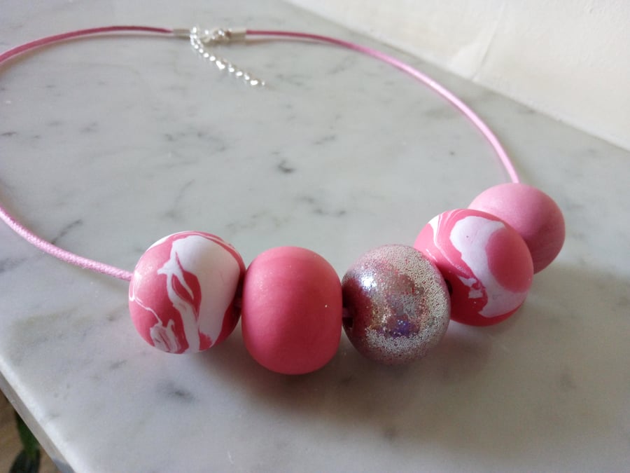 PINK AND GLITTER POLYMER CLAY NECKLACE - HOLIDAY JEWELLERY -  FREE SHIPPING