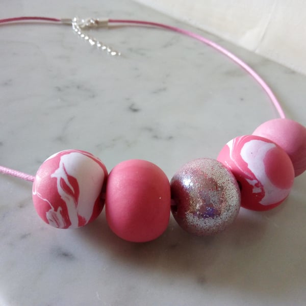 PINK AND GLITTER POLYMER CLAY NECKLACE - HOLIDAY JEWELLERY -  FREE SHIPPING