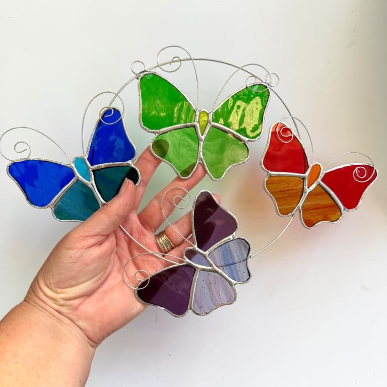 Stained Glass Butterfly Ring - Handmade Hanging Decoration - Multi streaky