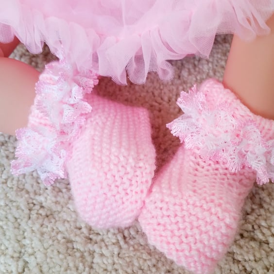 Pink knitted lace baby booties, premature, newborn baby shower 