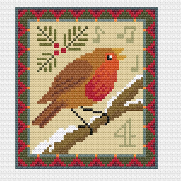 094D Cross Stitch 12 days of Christmas carol, 4th Day Four Calling Birds mini 