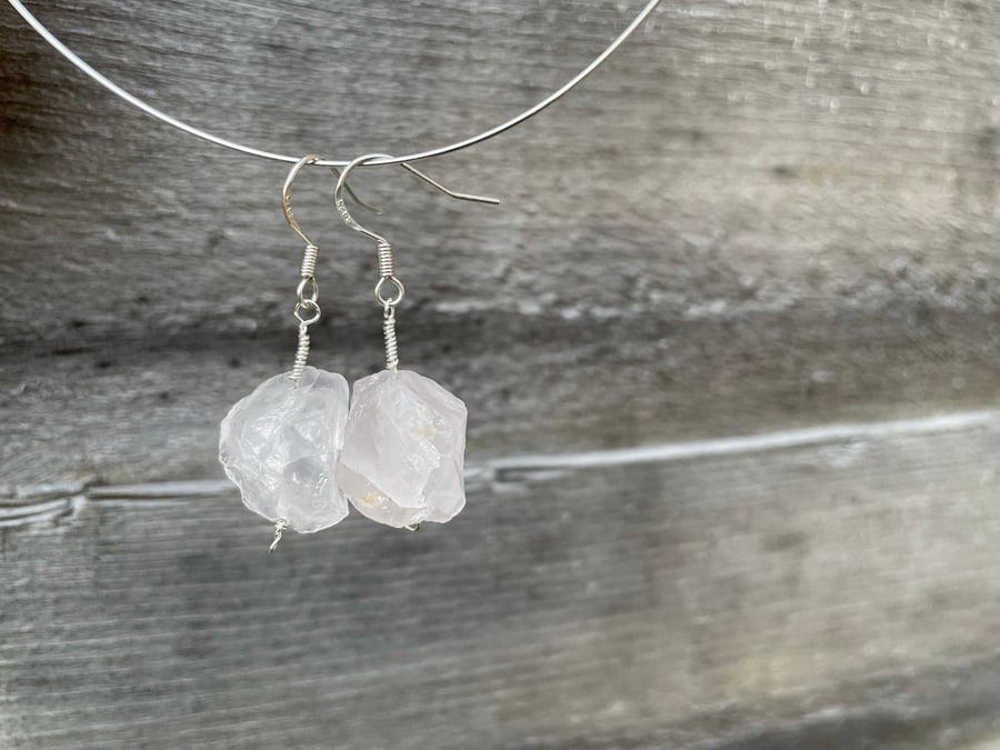 Raw Crystal Drop Earrings, Rose Quartz Nuggets and Sterling Silver