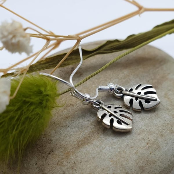 handmade silver plate earrings with mini monsterra plant leaf cheese plant 