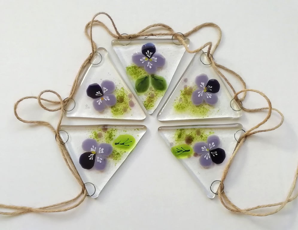 Pansy Flower Bunting: Garden Decoration Garland, fused glass bunting.